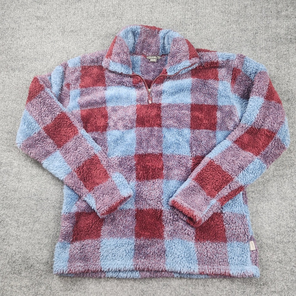 Eddie Bauer Women Blue Burgundy Buffalo Check Plaid High Pile Fleece 1/4 Zip M